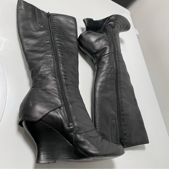 Black leather wedge heel tall boots with button detailing - Picture 9 of 16